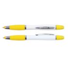 Two ballpoint pens with yellow grips and caps, shown both with and without the cap.