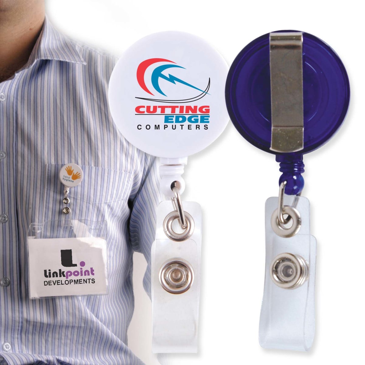 Man wearing a striped shirt with a badge clip and a retractable badge holder with logos.