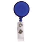 Blue retractable badge holder with clip and transparent strap.