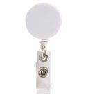 White retractable badge reel with a metal clip and swivel hook.