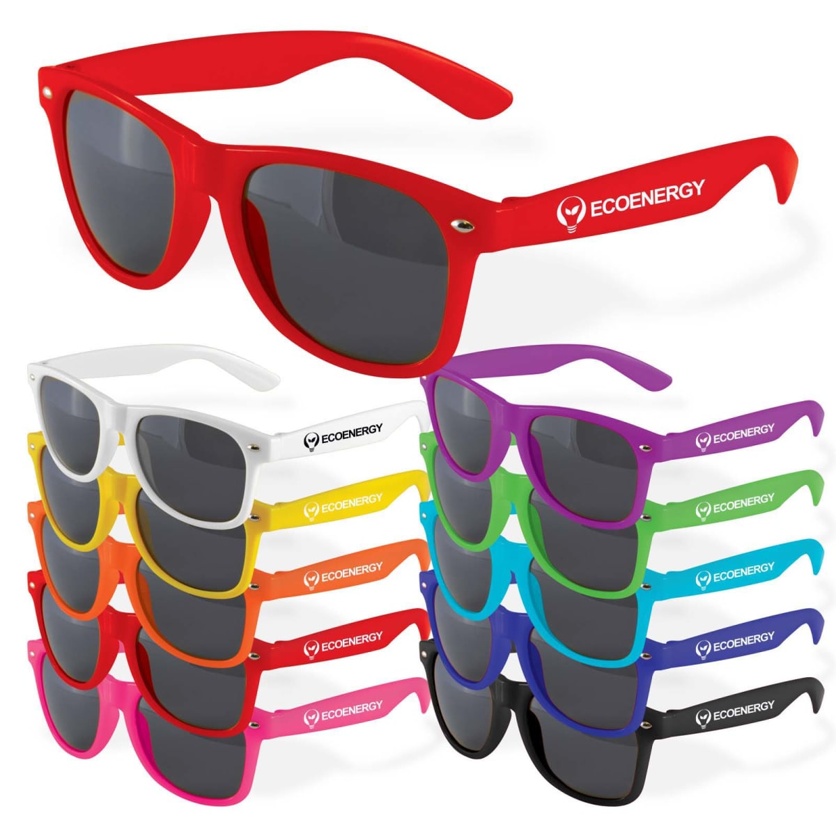 Stack of colorful sunglasses with ECOENERGY text on temples, featuring red, white, orange, pink, purple, green, and blue.