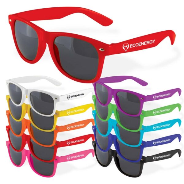 A colorful assortment of sunglasses with Ecoenergy branding on the arms.