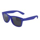Blue sunglasses with dark lenses and a classic frame design.