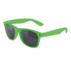 Bright green sunglasses with black lenses on a white background.