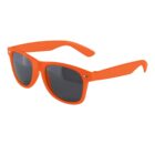 Orange sunglasses with black lenses on a white background.