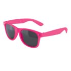 Bright pink sunglasses with dark lenses, angled view.