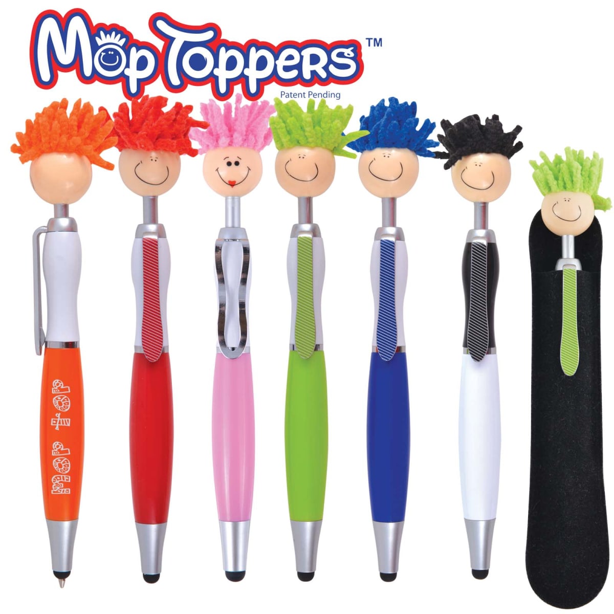 Six colorful pens with smiling faces and mop hair, labeled MopToppers.