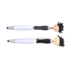 Two novelty pens with smiley face tops and black fuzzy hair, featuring a silver and white body.