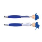 Two blue pens with smiling heads and blue yarn hair, equipped with stylus tips and clips.