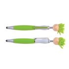 Two green novelty pens with a smiling face topper and fuzzy green hair, shown front and side view.