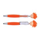 Two orange pens with smiley face tops and frizzy orange hair, one shown from the side, the other from the front.