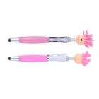 Two pink novelty pens with smiling face tops and pink yarn hair.