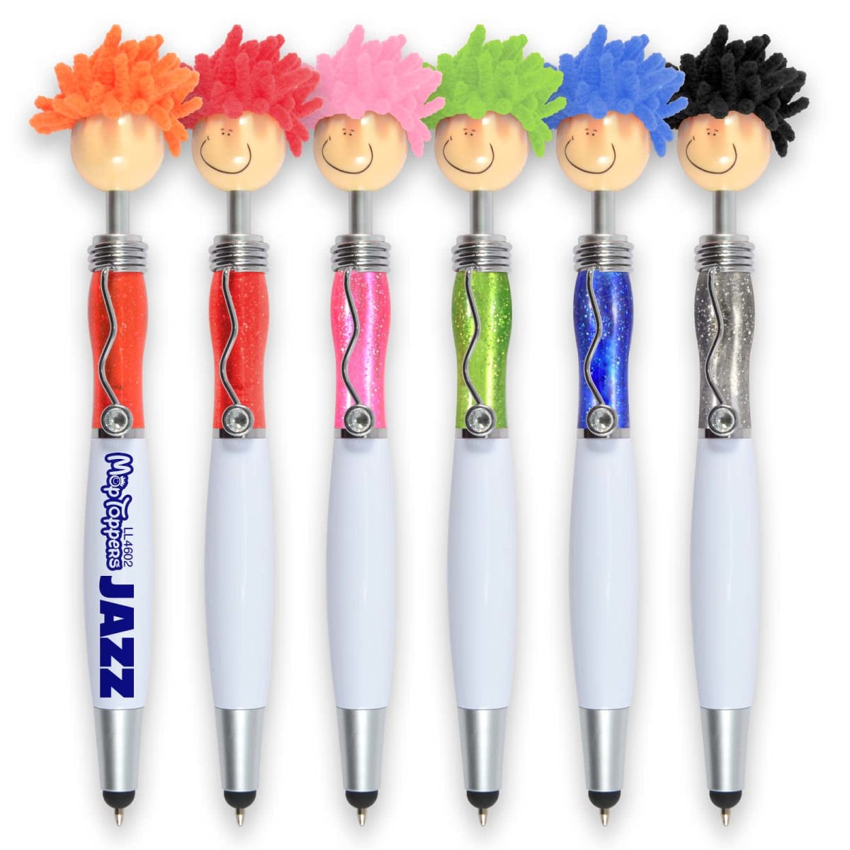 Six colorful pens with quirky smiley heads, each featuring different fuzzy hair colors: pink, orange, red, green, blue, black.