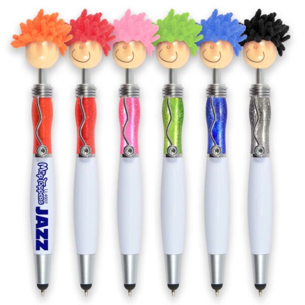Six novelty pens with colorful, fluffy hair toppers and smiling faces in assorted bright colors.