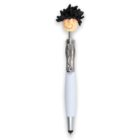 Novelty pen with a smiley face and black yarn hair on top. The pen body is white and metallic.