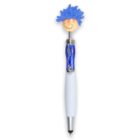 Novelty pen with a smiling face topper and blue fluffy hair on a blue and white barrel.