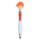Novelty pen with a smiling face on top, curly orange hair, and a red and white body.