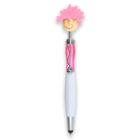 A pen with a pink, fuzzy smiley face topper and a glittery pink body.