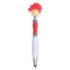 A novelty pen with a smiley face, red fuzzy hair, and a curvy design on its red and white body.