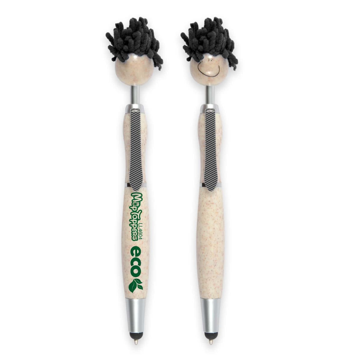 Two eco-friendly pens with playful, smiling faces and black yarn hair at the top.