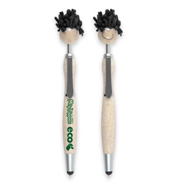 Two novelty pens with smiling faces and black yarn hair, featuring eco-friendly branding on their bodies.