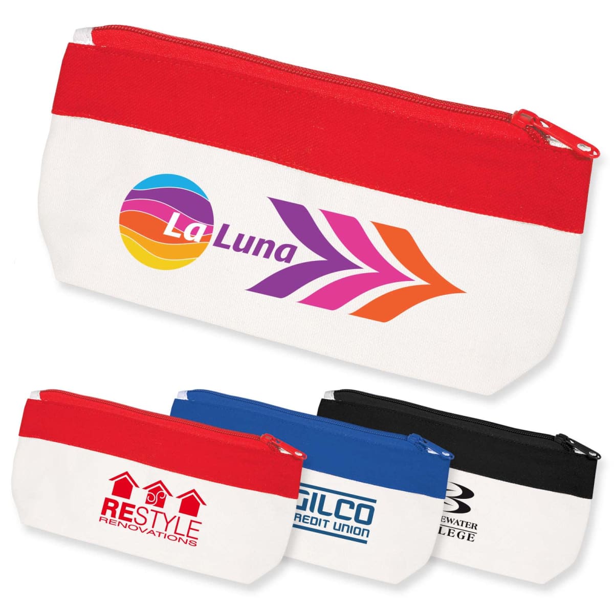 Four zippered pouches in red, black, and blue, each with a different logo on a white background.