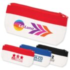 Colorful zippered pouches with logos, including La Luna, displayed in red, blue, and black variations.