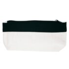 White and black zippered fabric pouch, rectangular in shape.