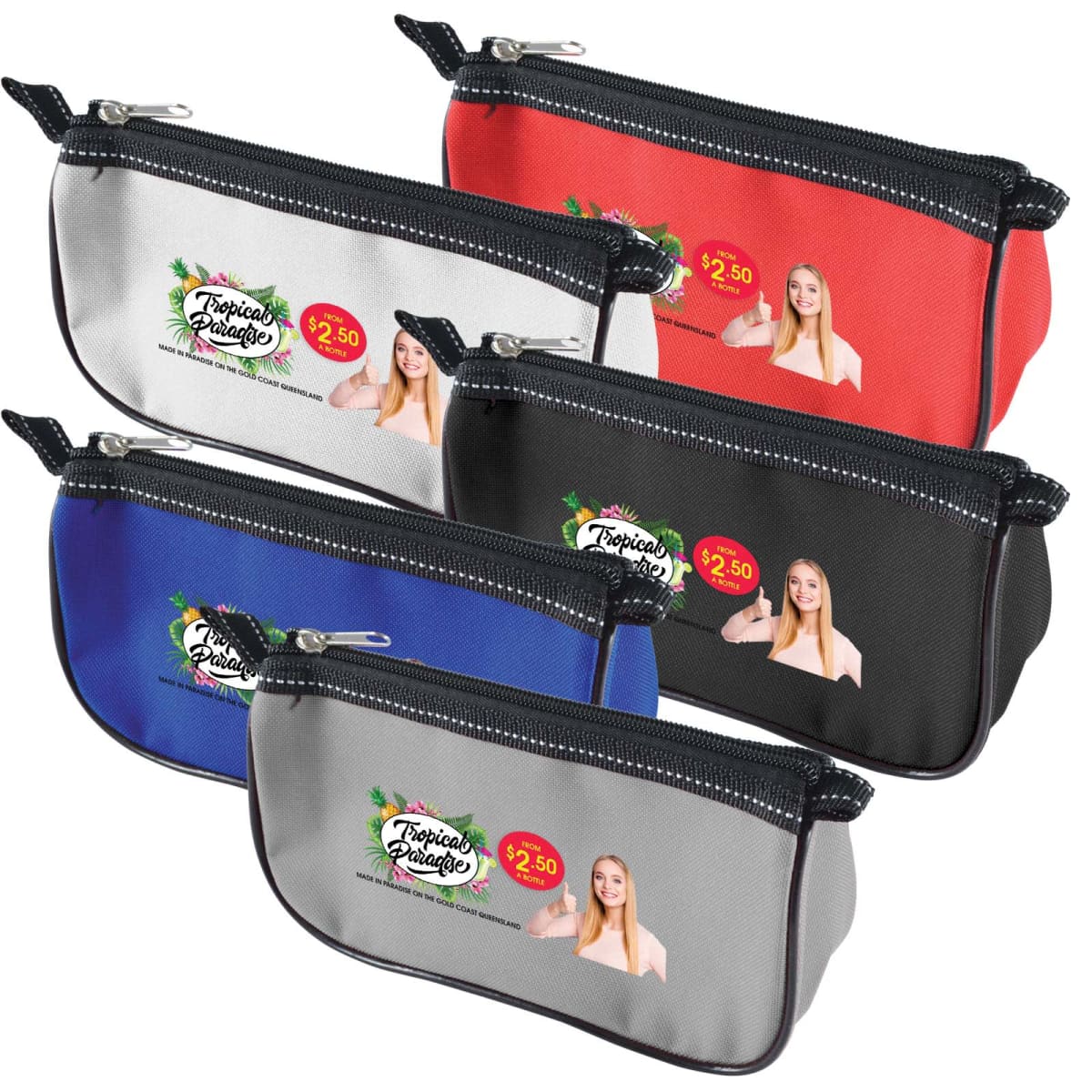 Five zippered pouches in various colors with a logo and photo of a person holding a pineapple snack.