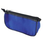 A blue zippered pencil case with black trim and a silver zipper pull.