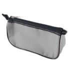 Gray zippered pouch with black trim and a silver zipper pull.