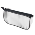 Small white zippered pouch with black trim and a silver zipper.