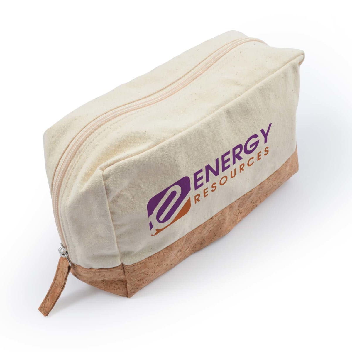 Cream-colored pouch with a cork base and Energy Resources logo featuring a purple and orange design.