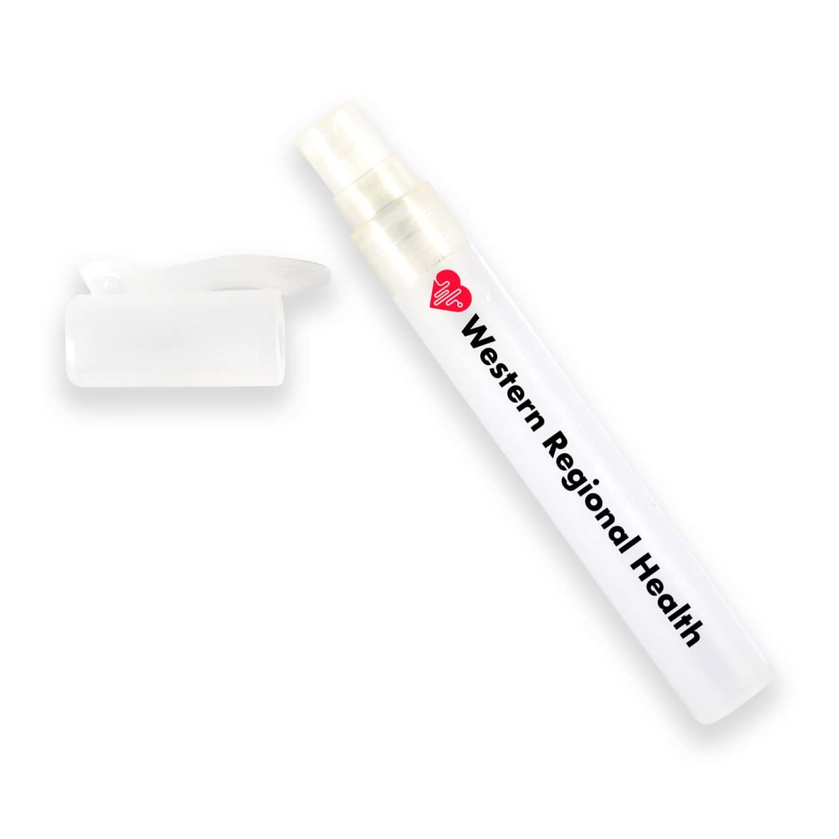 White spray bottle labeled Western Regional Health with a red heart logo and a detached cap.