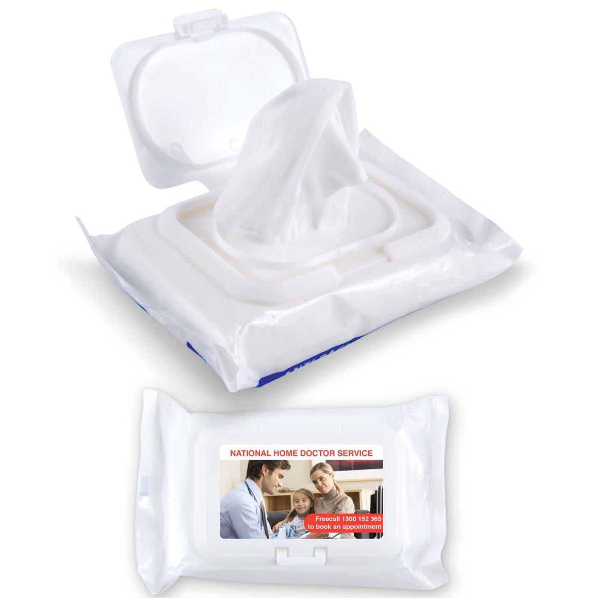 Two packs of home doctor service wipes, one open and one closed.
