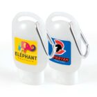 Two branded plastic bottles with carabiners, featuring yellow elephant and red logo designs on labels.