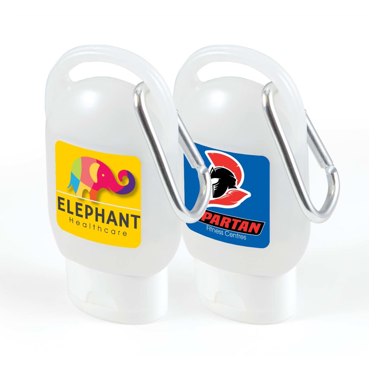 Two branded plastic bottles with carabiners, featuring yellow elephant and red logo designs on labels.