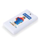 Rectangular sanitizer spray bottle with a kid in superhero costume on the label, text reads Help Fight Germs.