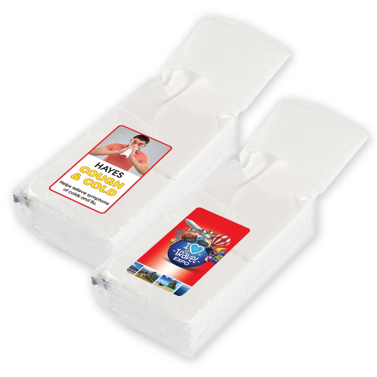 Two packs of tissues, each with colorful labels and open tops, displaying white tissues inside.