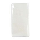 A white garment bag with a quilted pattern and a transparent plastic cover.