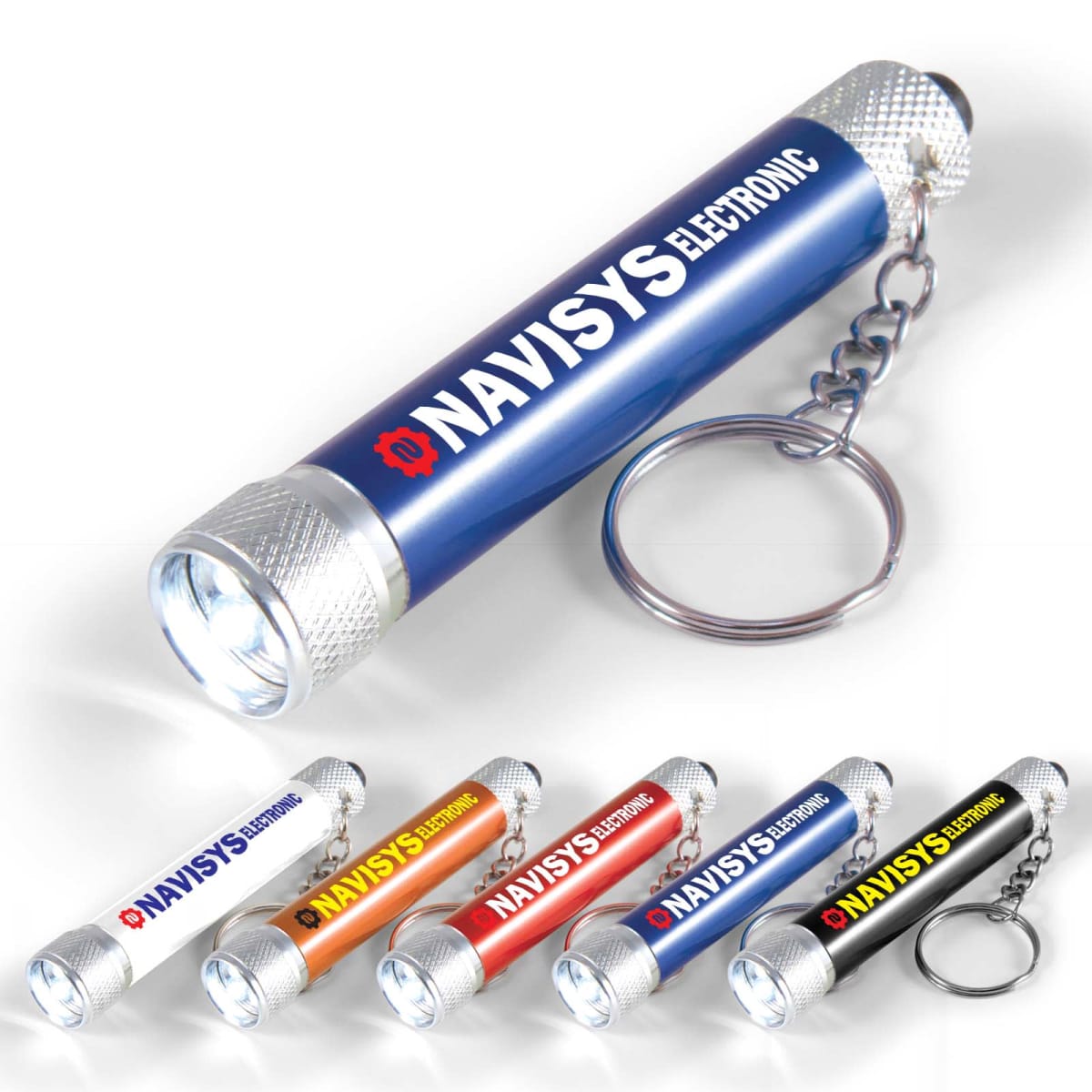 Five colored keychain flashlights with NAVISYS ELECTRONIC text, shown in blue, silver, yellow, red, and black.
