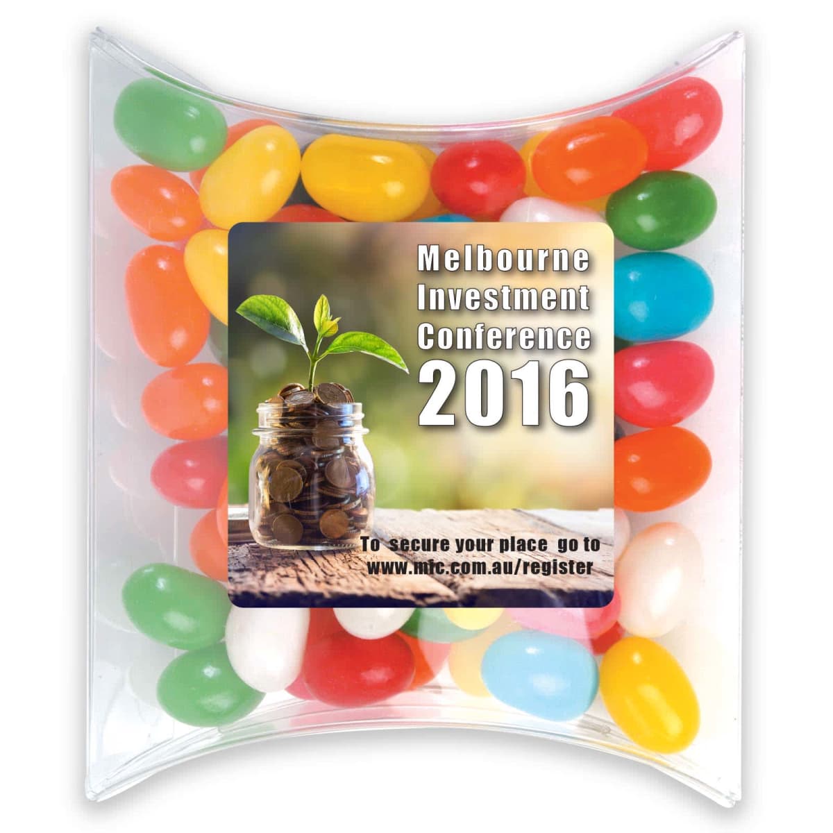 Plastic pillow box of jelly beans with a 2016 Melbourne Investment Conference label on the front.