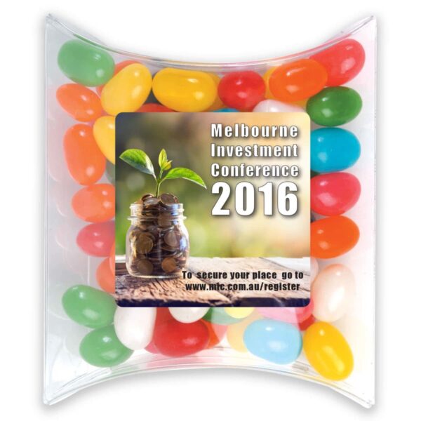 Clear pillow box filled with colorful jelly beans, featuring a Melbourne Investment Conference 2016 label.