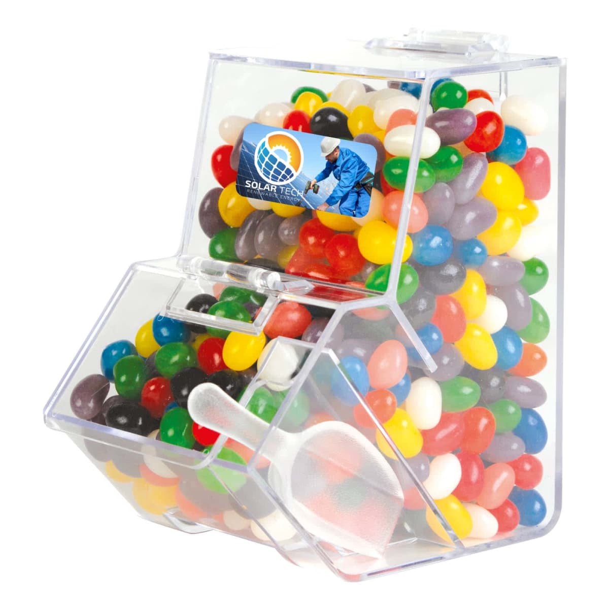 Clear dispenser filled with colorful jelly beans, featuring a scoop and sticker with a logo and image of a worker.