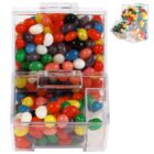Clear acrylic dispenser filled with colorful jelly beans, with a smaller image of a similar dispenser in the corner.