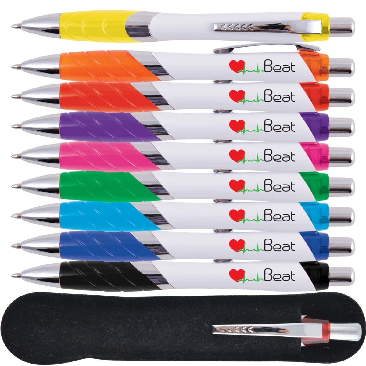 Nine colorful pens with Heart Beat logo, each with different color grips, arranged on a white surface.