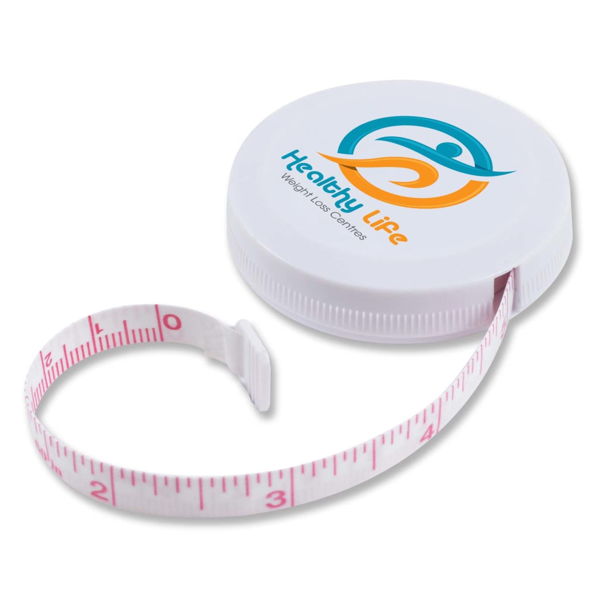 A white circular tape measure with pink measurements extends outward. The case features a colorful logo of a stylized figure and the text Healthy Life Weight Loss Centers.