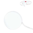 A white retractable measuring tape with a small red button in the center. It is partially extended, showing some measurement markings.