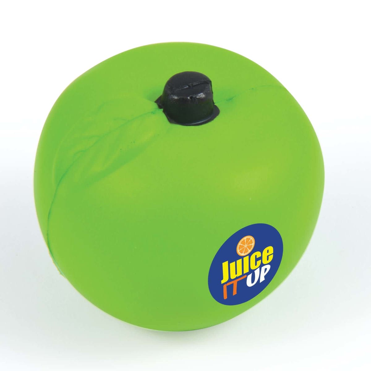 A squishy stress ball shaped like a green apple with a black stem. It features a blue logo that reads Juice Up with an orange slice design.