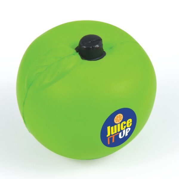 A round, bright green stress ball resembling an apple with a small black stem. Theres a blue circular logo with the text Juice Up in orange and white on the front.